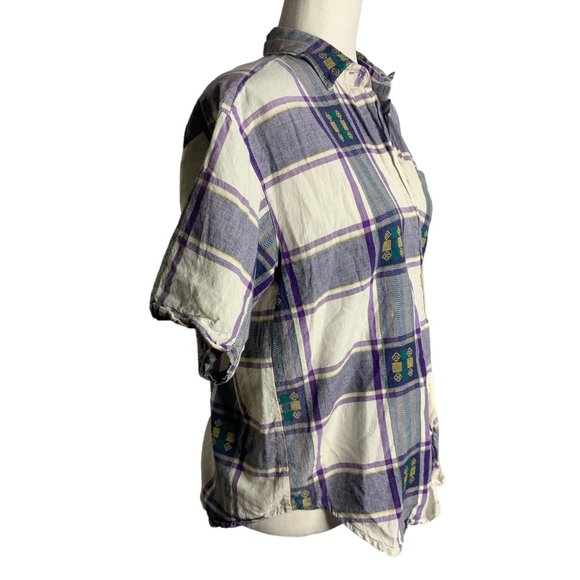Vintage Button Up Shirt Shorts Set M Purple Plaid Embroidered Pockets Elastic - Picture 7 of 11